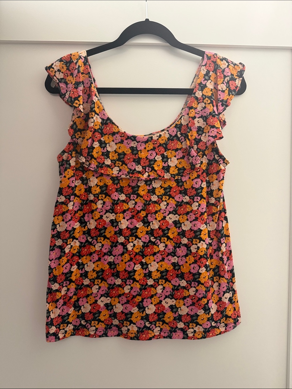 LOFT Black Floral Ruffle Scoop Tank with Pink and Yellow Blooms